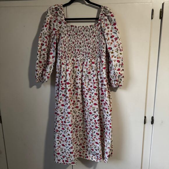 J. Crew Vintage Floral Dress Cream Square Neck Smocked Pullover Long Sleeve Sz L - Picture 2 of 6